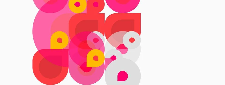 Abstract composition. Overlapping circles, squares, vibrant pinks, reds, yell Stock Illustration