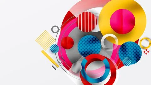 Abstract composition. Overlapping circles, stripes, rectangles create dynamic 스톡 일러스트