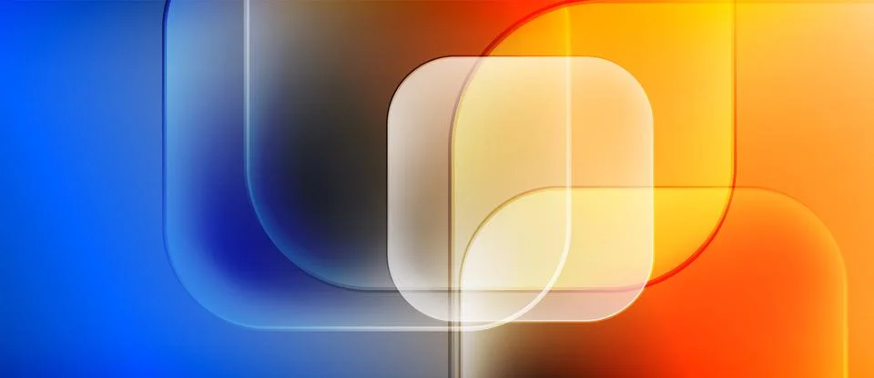 Abstract composition. Overlapping rounded squares blend blue, orange hues. Illustrazione stock