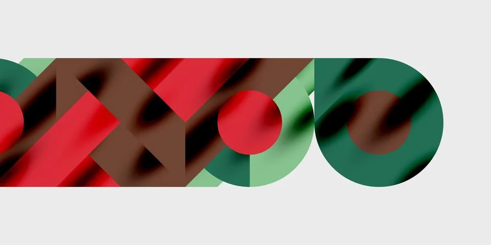 Abstract composition. Overlapping shapes, circles, triangles, red, green, brown Stockillustratie