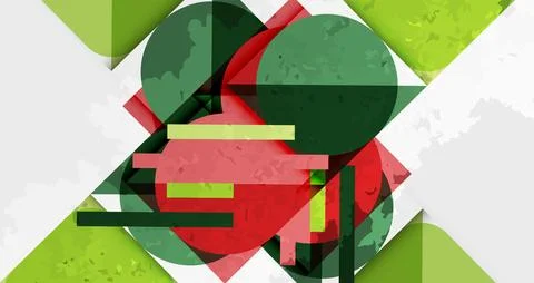 Abstract composition. Overlapping shapes, green, red, white. Textured background Illustrazione stock