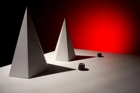 Abstract composition of pyramid shapes with small candies on white surface Stock Photos
