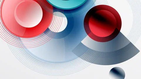 Abstract composition. Red, blue, turquoise elements overlap. Lines create Illustrazione stock