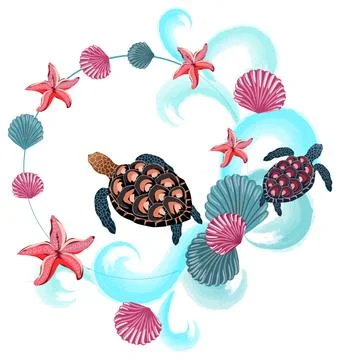 Abstract composition of sea turtles, shells, starfishes and waves Ilustración de archivo