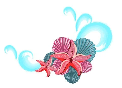 Abstract composition with shells, starfishes with waves in background Stock Illustration