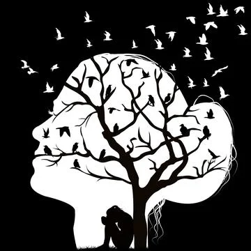 Abstract composition with silhouette of head woman and sad woman under a tree Stock Illustration