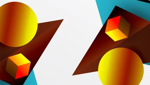 Abstract composition. Spheres, cubes, triangles intersect. Warm colors dominate, Stock Illustration