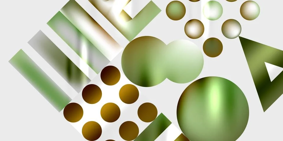 Abstract composition. Spheres, rectangles, triangles. Metallic gradients. Green, Stock Illustration