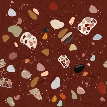 Abstract composition. Terrazzo flooring vector brown seamless pattern Stock Illustration
