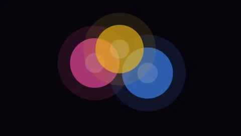 Abstract composition of three overlapping colorful circles on dark background Video stock 338312009