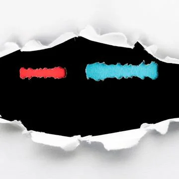 Abstract Composition of Torn White Paper Revealing Red and Blue Strips on Black Stock Photos