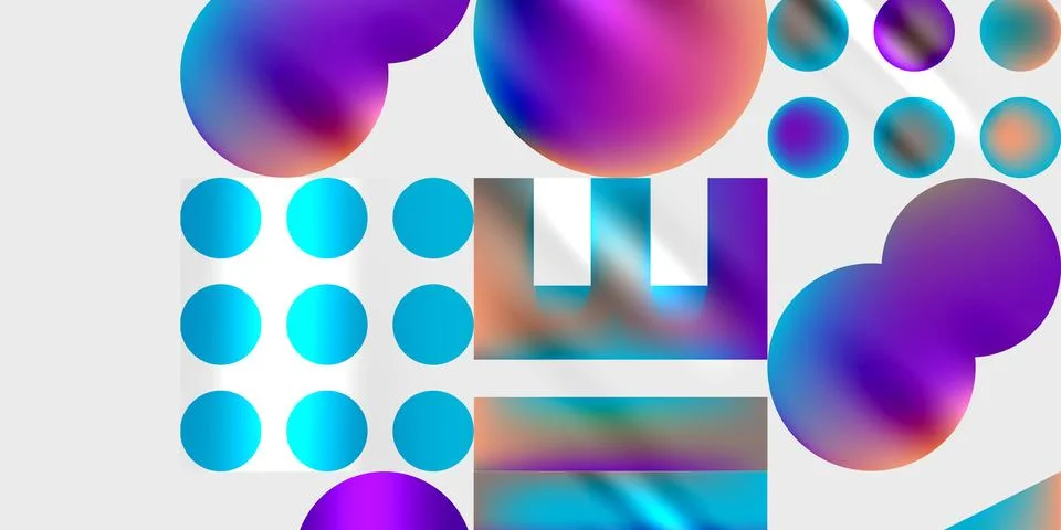Abstract composition. Vibrant circles, squares, rectangles blend. Purple, blue Stock Illustration
