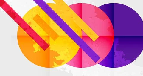 Abstract composition. Vibrant circles, stripes intersect. Warm, cool hues blend, 스톡 일러스트