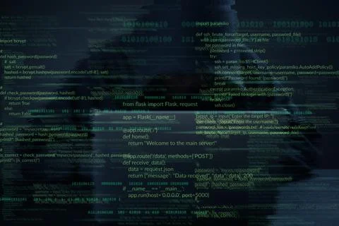 Abstract computer code on dark screen, programming language, software devel.. Stock Photos