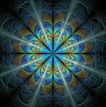 Abstract computer-generated mandala. Symmetrical pattern in green blue colors Stock Illustration