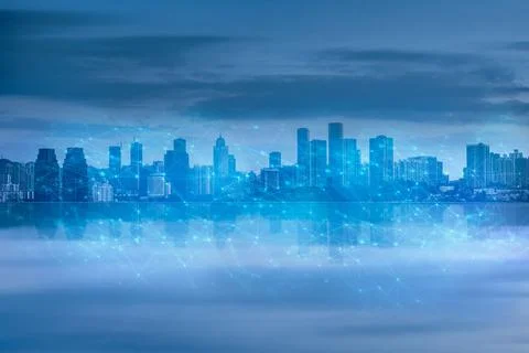 Abstract computer network and 5g  internet connection concept with cityscape. Foto stock