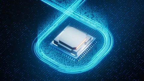 Abstract computer processor on circuit board with moving glowing lines, cpu.. Stock Footage 332222978