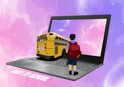 Abstract computer with school boy and school bus image. Back to school. Stock Illustration