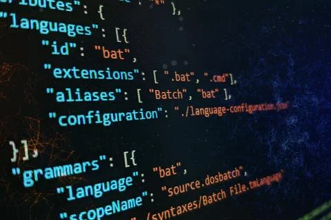 Abstract computer script code. Programming code screen of software developer. Stock Photos