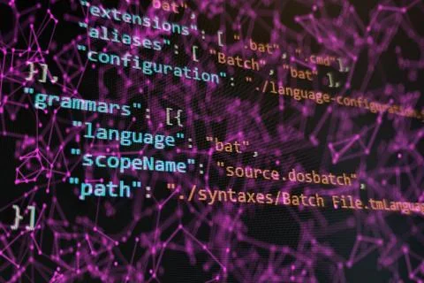 Abstract computer script code. Programming code screen of software developer. Stock Photos