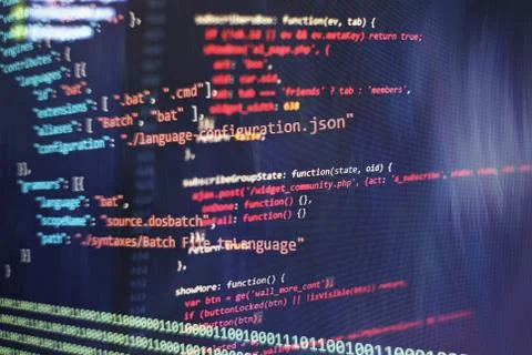 Abstract computer script code. Programming code screen of software developer. Stock Photos