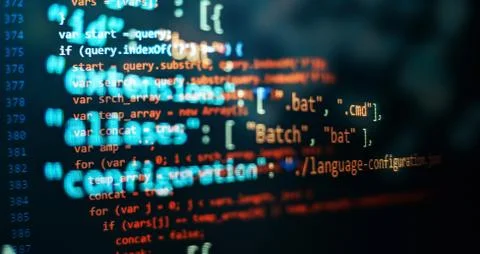 Abstract computer script code. Programming code screen of software developer. Stock Photos
