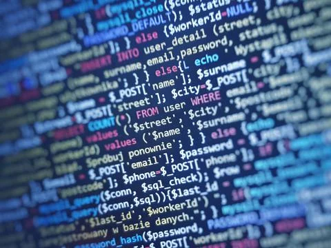 Abstract computer script code. Programming code screen of software developer. Stockfoto's