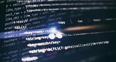 Abstract computer script code. Programming code screen of software developer. Stock Photos