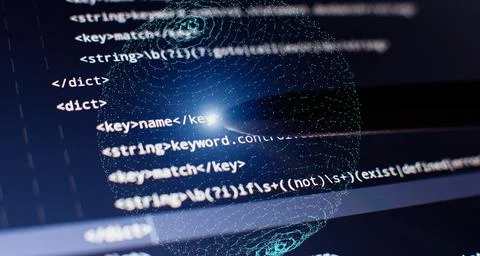 Abstract computer script code. Programming code screen of software developer. 库存照片