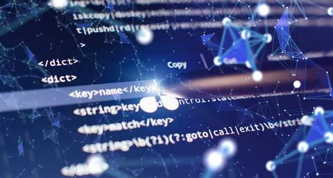Abstract computer script code. Programming code screen of software developer. 库存照片
