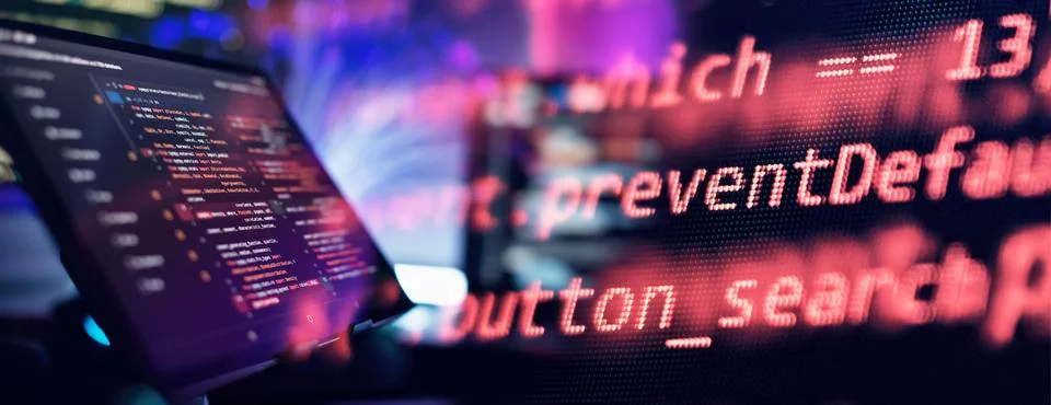 Abstract computer script code. Programming code screen of software develope.. 库存照片