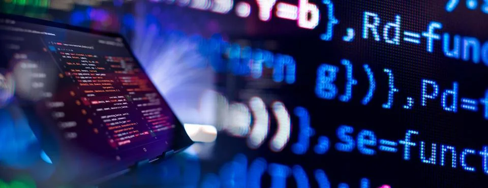 Abstract computer script code. Programming code screen of software develope.. Stockfoto's