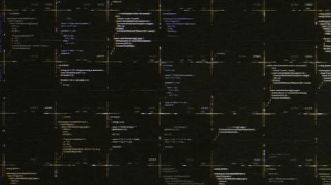 Abstract computer script source code with glitch effect. Animation. Screen of Stock Illustration