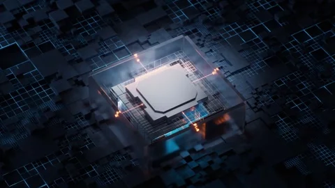 Abstract computing core pulsating with flowing data streams inside glass cu.. Stock Footage 327249630