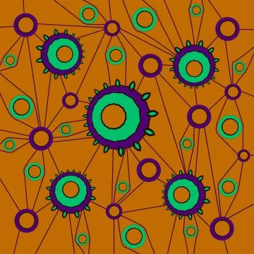Abstract concentric circles pattern and lines orange mint green purple Stock Illustration