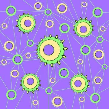 Abstract concentric circles pattern and lines purple yellow green Stock Illustration