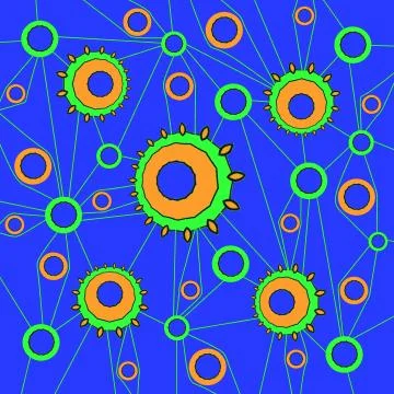 Abstract concentric circles pattern and lines blue bright green orange Illustrazione stock