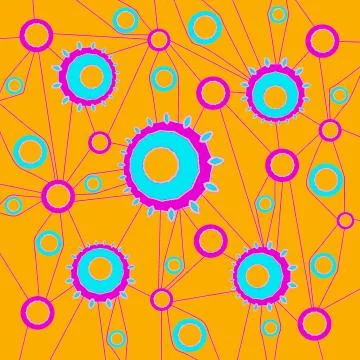 Abstract concentric circles pattern and lines orange magenta light blue Stock Illustration