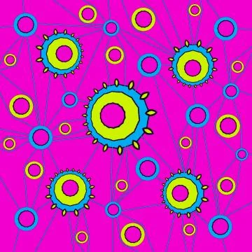 Abstract concentric circles pattern and lines magenta yellow light blue Stock Illustration