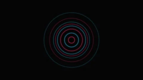 Abstract concentric circles of red and blue light on a deep black background 库存影片 335117685