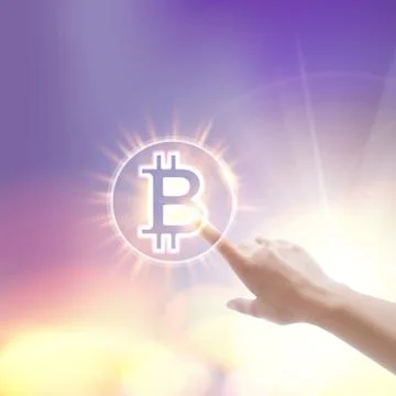 Abstract concept image of human hand touching bitcoin symbol. Stock Illustration