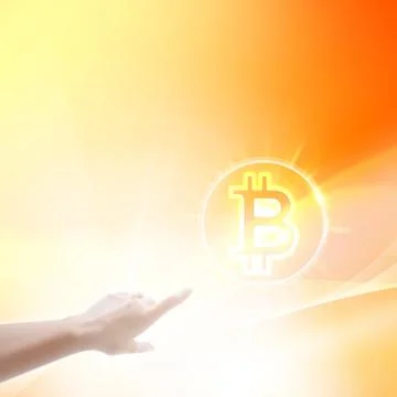 Abstract concept image of human hand touching bitcoin symbol. Stock Illustration