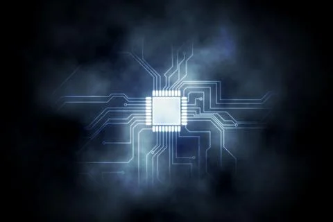 Abstract concept showing glowing microchip radiating neon circuit traces into イラスト素材