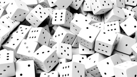 Abstract conceptual background with pile of random white dices, top view. Stock Illustration