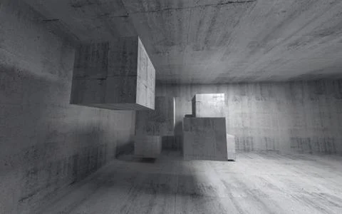 Abstract concrete 3d interior with flying cubes. Wide angle Stock Illustration
