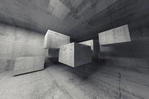 Abstract concrete 3d interior with flying cubes イラスト素材