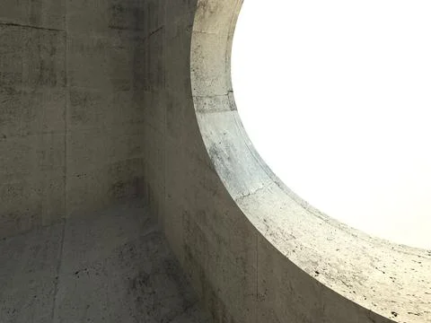 Abstract concrete interior, empty room with round light window 3d Stock Illustration