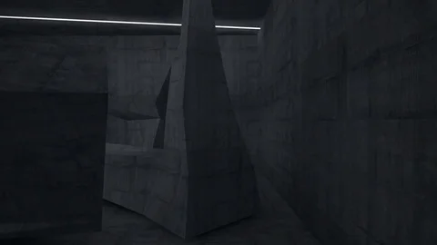 Abstract concrete interior multilevel public space with neon lighting. Видео 83113415