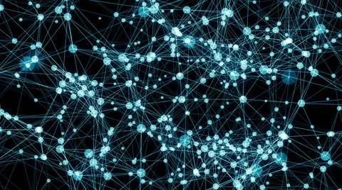 Abstract connected dots on bright blue background Abstract connected dots ... Foto stock
