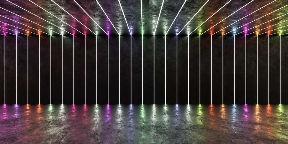 Abstract conrete building empty studio interior with colourful neon lighting 3d Stock Illustration